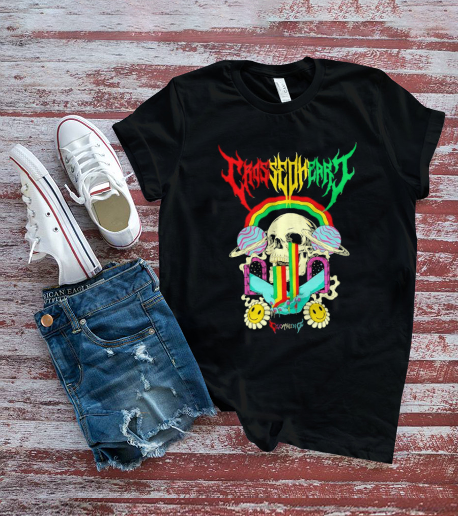 Crossed Heart Skull With Rainbow And Smiley Faces T-Shirt
