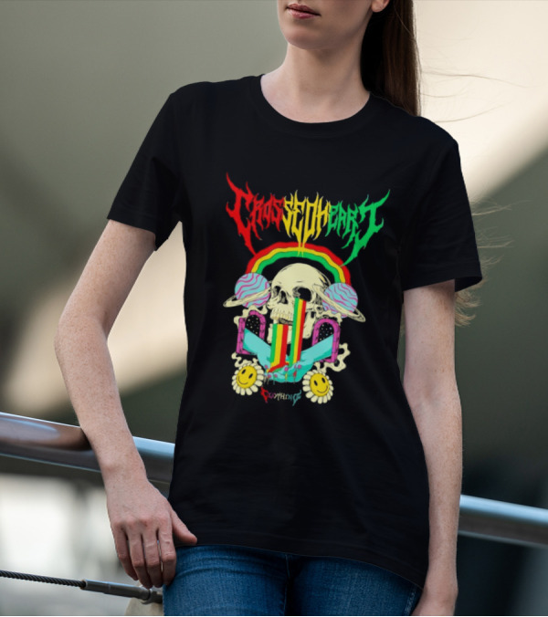 Crossed Heart Skull With Rainbow And Smiley Faces T-Shirt