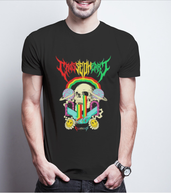 Crossed Heart Skull With Rainbow And Smiley Faces T-Shirt