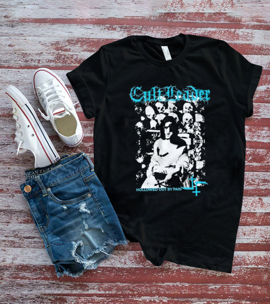 Cult Leader Hollowed Out By Pain Distorted Portrait With Inverted Cross Symbol T-Shirt