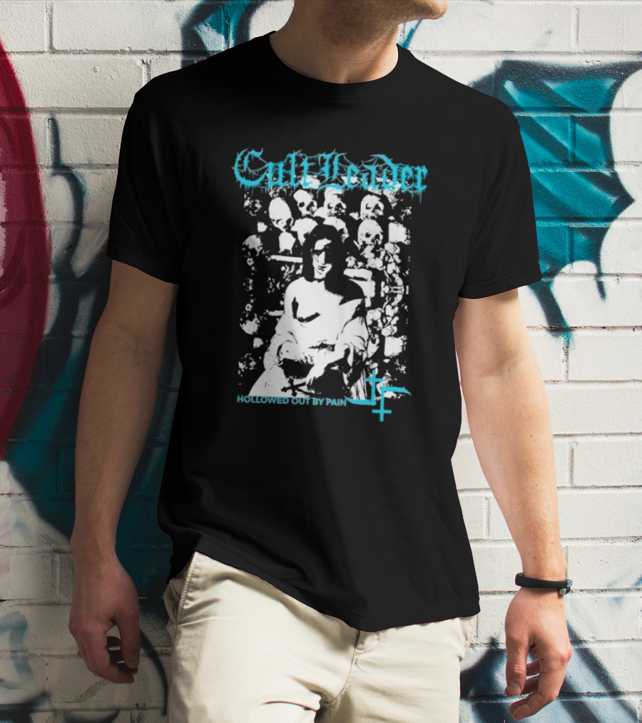Cult Leader Hollowed Out By Pain Distorted Portrait With Inverted Cross Symbol T-Shirt