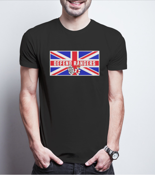 Defend Rangers Union Flag With FCRF Crest And Red Hand Of Ulster T-Shirt