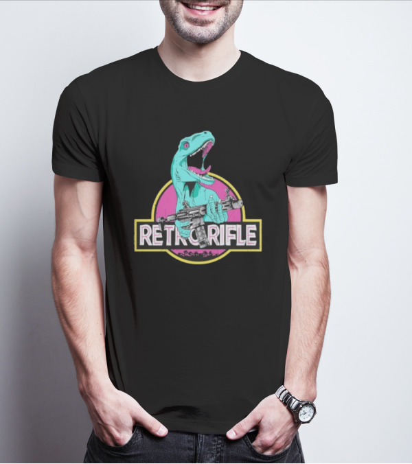 Retro Rifle Dinosaur Holding Gun Vintage Style T-Shirt