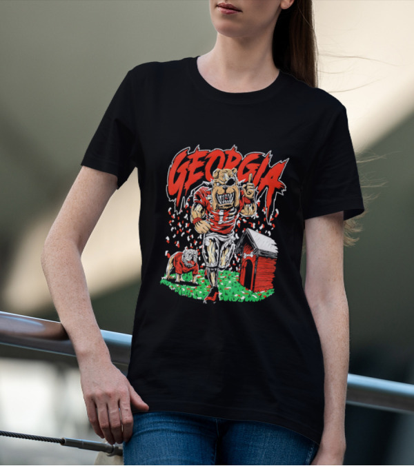 Georgia Bulldogs Mascot Cartoon Vibrant Design With Doghouse T-Shirt