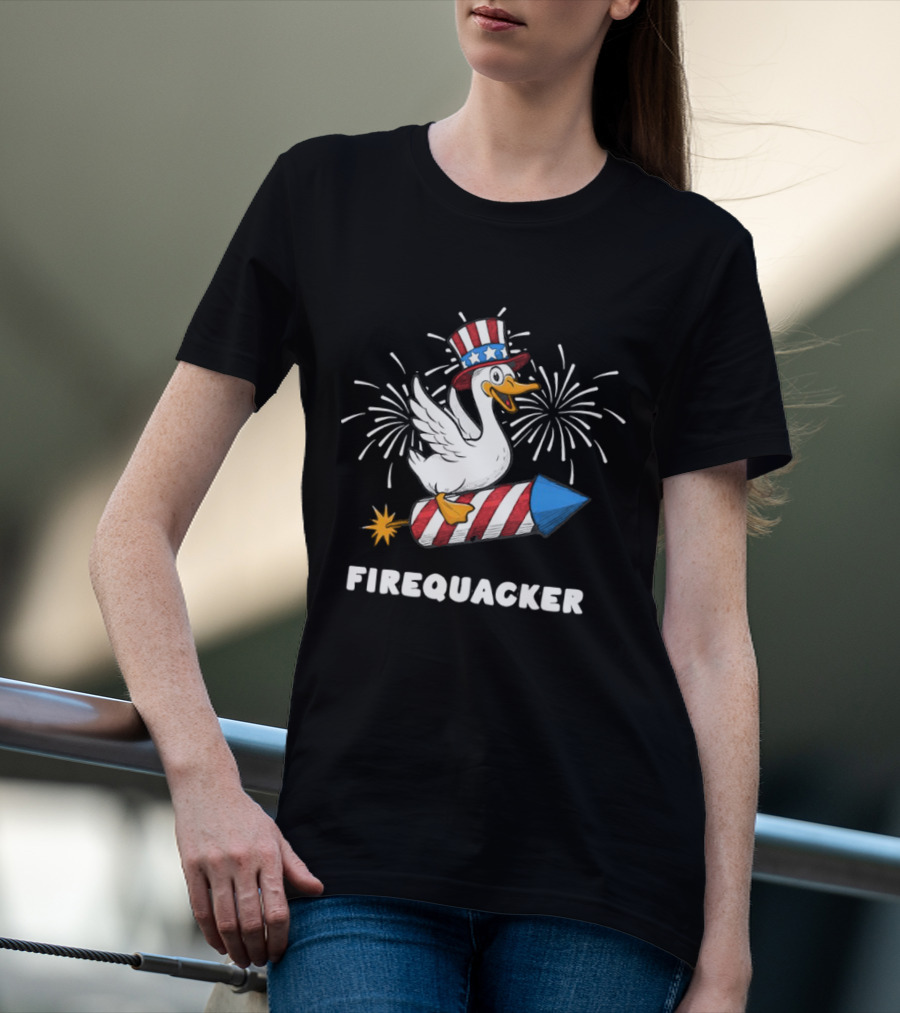 Firequacker Patriotic Duck With Rocket And Fireworks T-Shirt