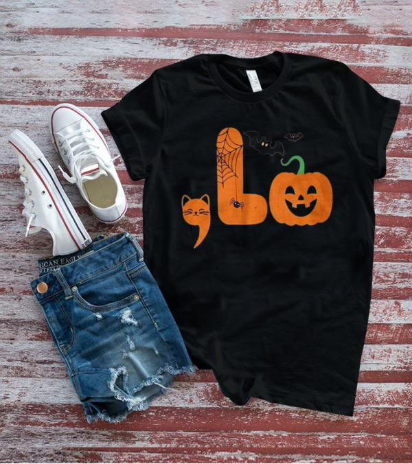 Halloween Cat Spider Web Bat Pumpkin Comma Motif T-Shirt
