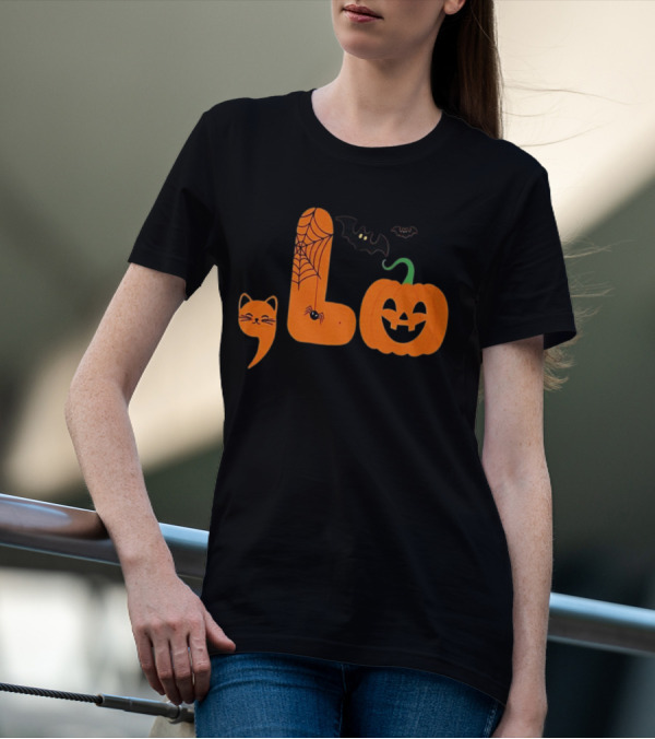 Halloween Cat Spider Web Bat Pumpkin Comma Motif T-Shirt
