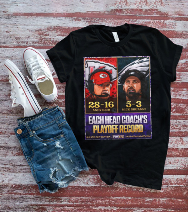 FOX NFL Andy Reid Chiefs 28-16 Nick Sirianni Eagles 5-3 Playoff Record T-Shirt