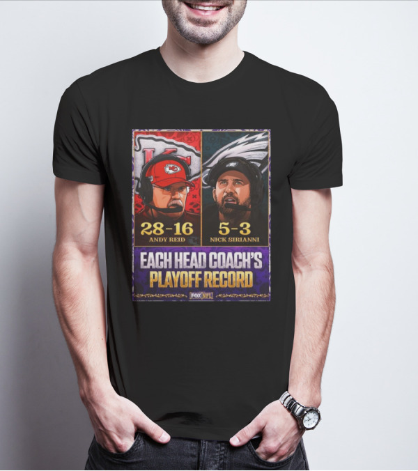 FOX NFL Andy Reid Chiefs 28-16 Nick Sirianni Eagles 5-3 Playoff Record T-Shirt