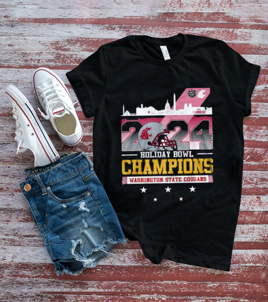 2024 Holiday Bowl Champions Washington State Cougars Skyline Football Helmet Stars T-Shirt