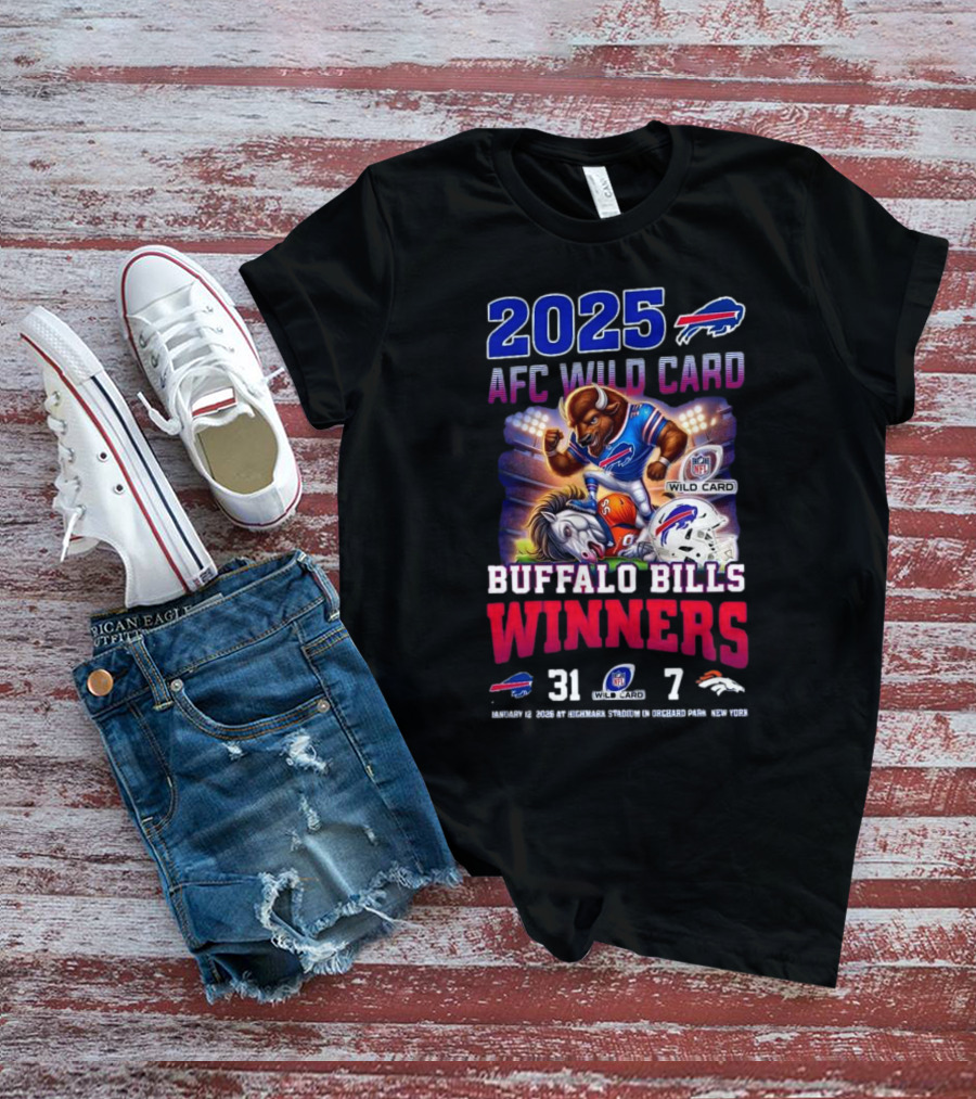 2025 Buffalo Bills AFC Wild Card Winners 31-7 Over Broncos Featuring Mascot Art T-Shirt