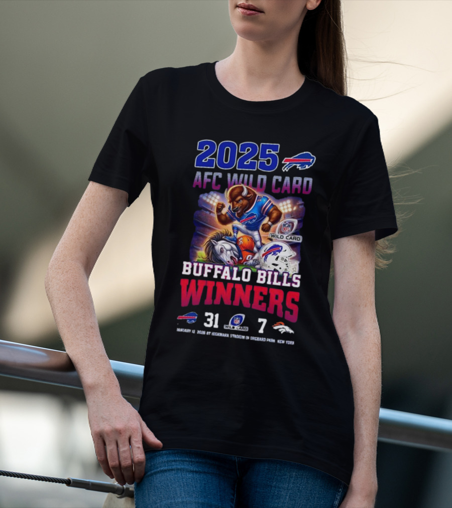2025 Buffalo Bills AFC Wild Card Winners 31-7 Over Broncos Featuring Mascot Art T-Shirt