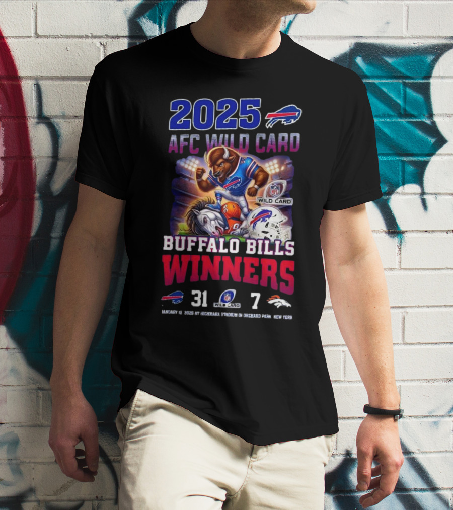 2025 Buffalo Bills AFC Wild Card Winners 31-7 Over Broncos Featuring Mascot Art T-Shirt