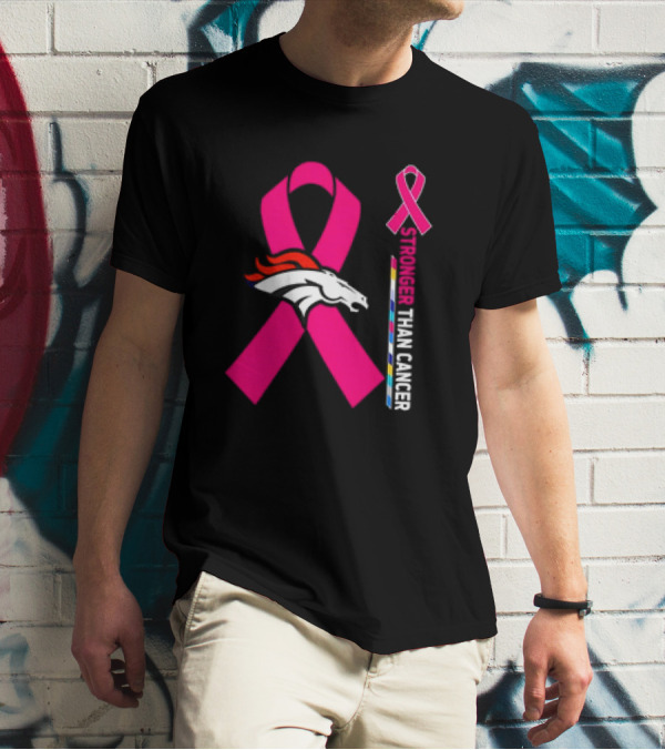 Denver Broncos Pink Ribbon Stronger Than Cancer Awareness T-Shirt