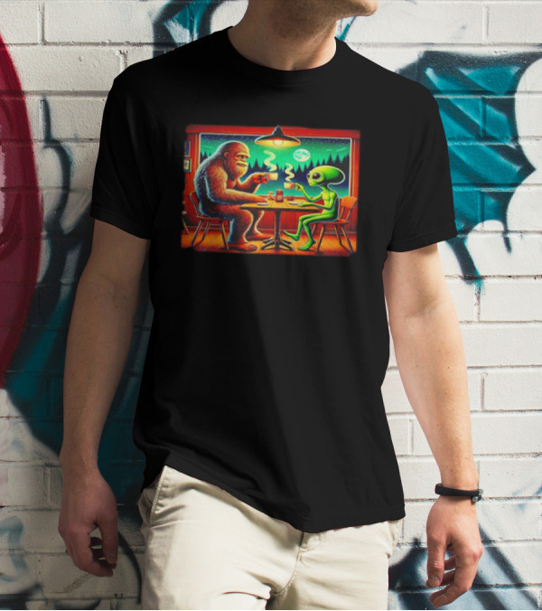 Bigfoot And Alien Coffee Meetup In Cabin At Night With Moonlit Forest T-Shirt