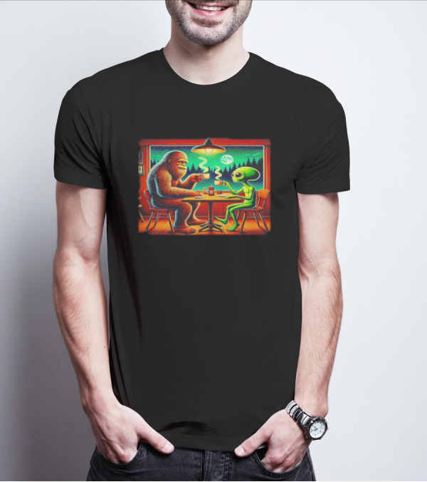 Bigfoot And Alien Coffee Meetup In Cabin At Night With Moonlit Forest T-Shirt