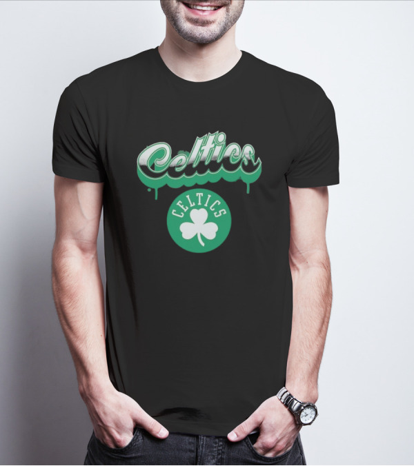 Boston Celtics Bubbly Script Green Clover Emblem T-Shirt