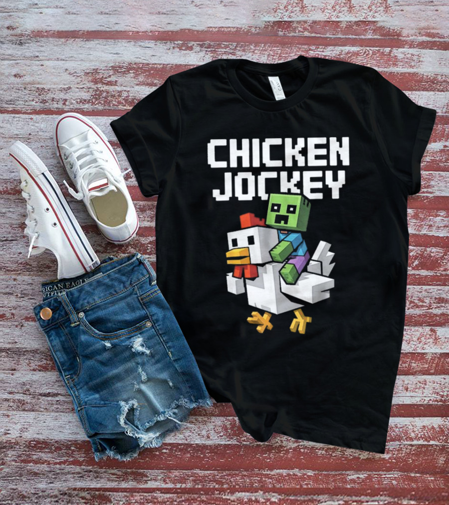 CHICKEN JOCKEY Pixelated Green Zombie Riding White Chicken T-Shirt