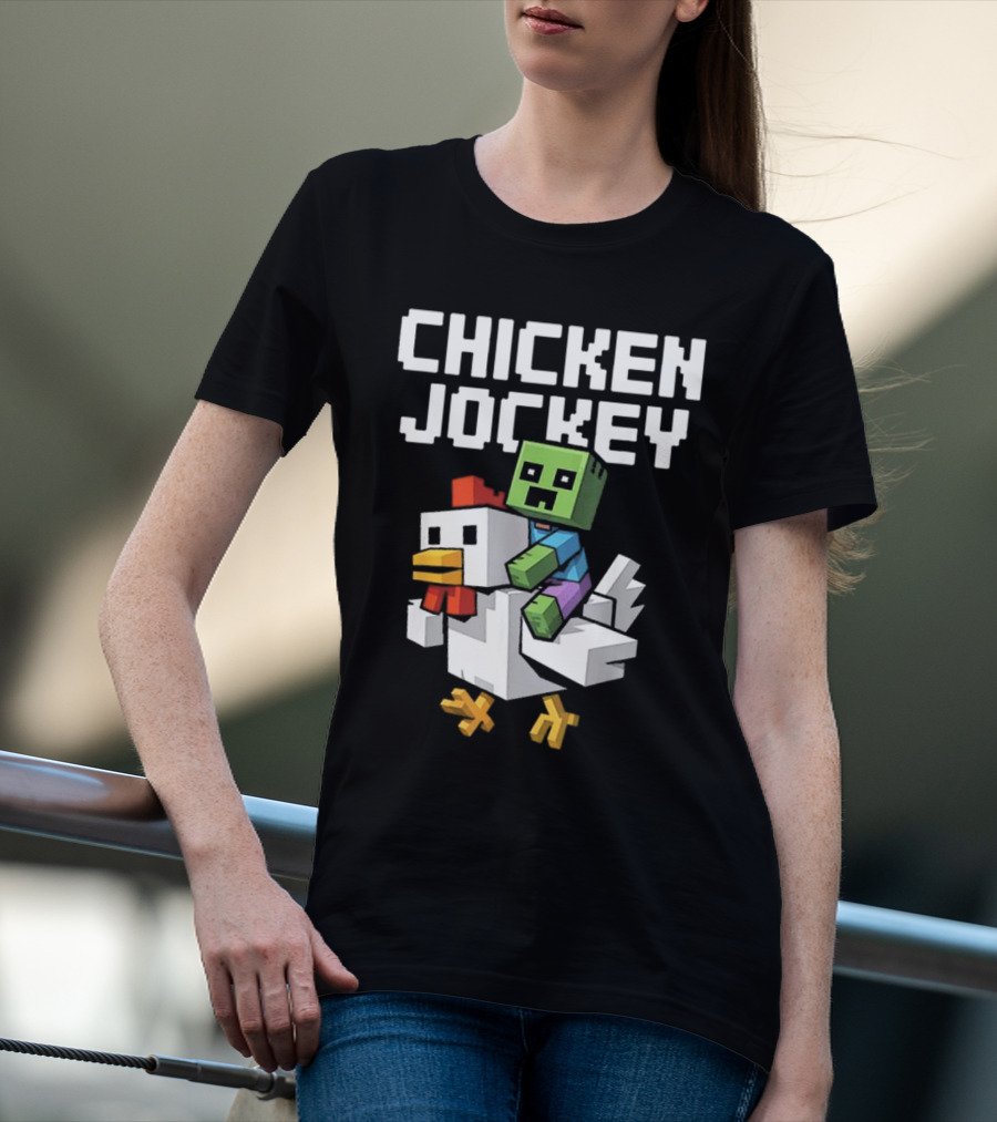 CHICKEN JOCKEY Pixelated Green Zombie Riding White Chicken T-Shirt
