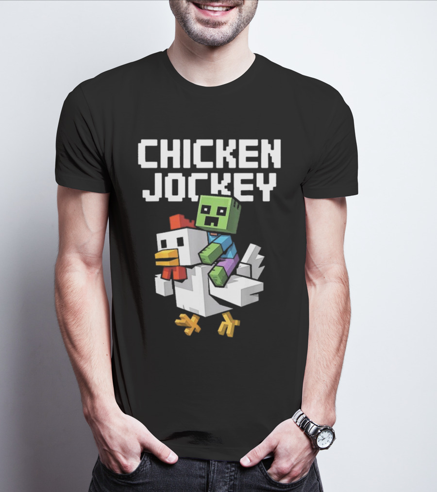 CHICKEN JOCKEY Pixelated Green Zombie Riding White Chicken T-Shirt