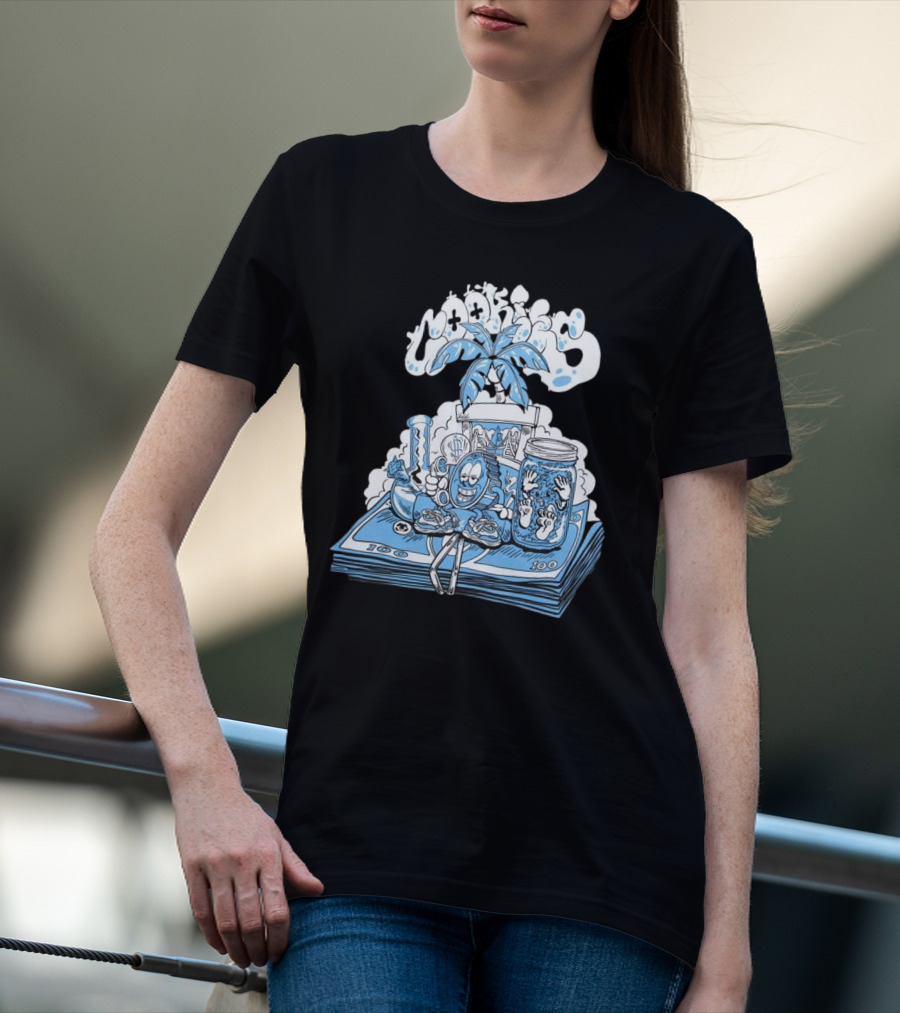 Cookiessf Laid Back Smoking Character With Money And Marijuana Elements T-Shirt
