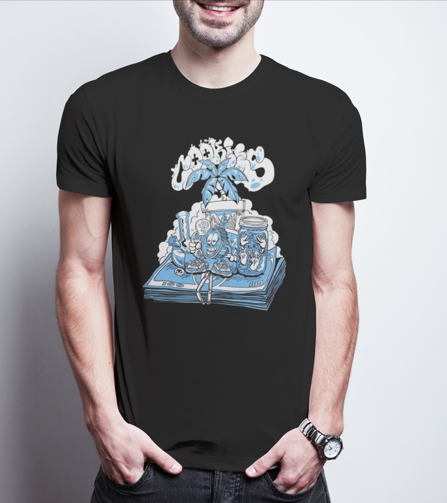 Cookiessf Laid Back Smoking Character With Money And Marijuana Elements T-Shirt
