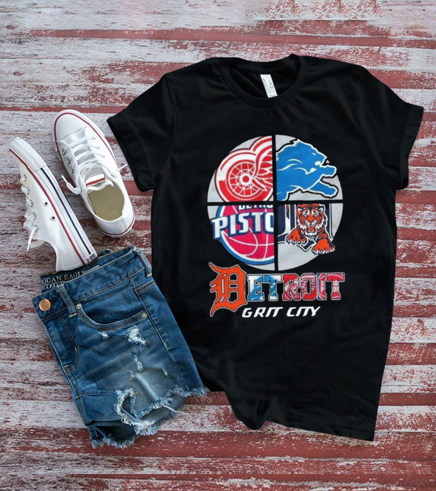 Detroit Grit City Red Wings Lions Tigers And Pistons Logo 2025 T-Shirt