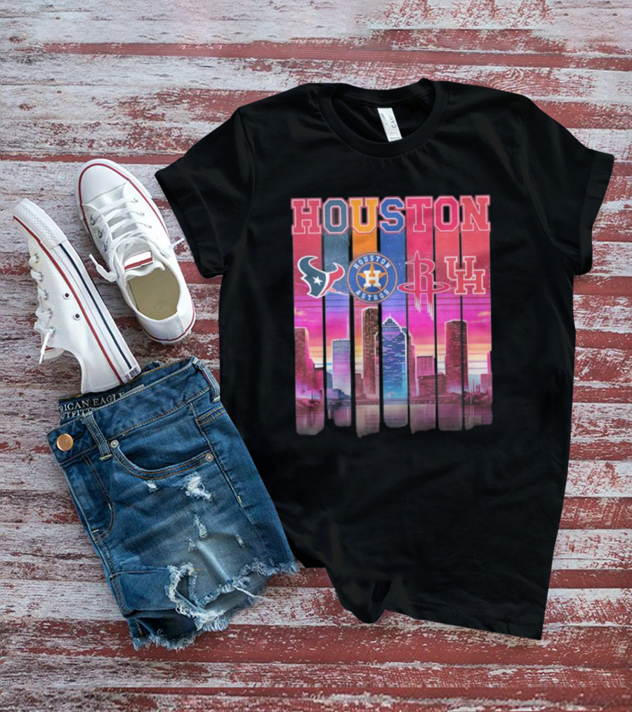 Houston Retro Skyline Texans Astros Rockets And Cougars T-Shirt