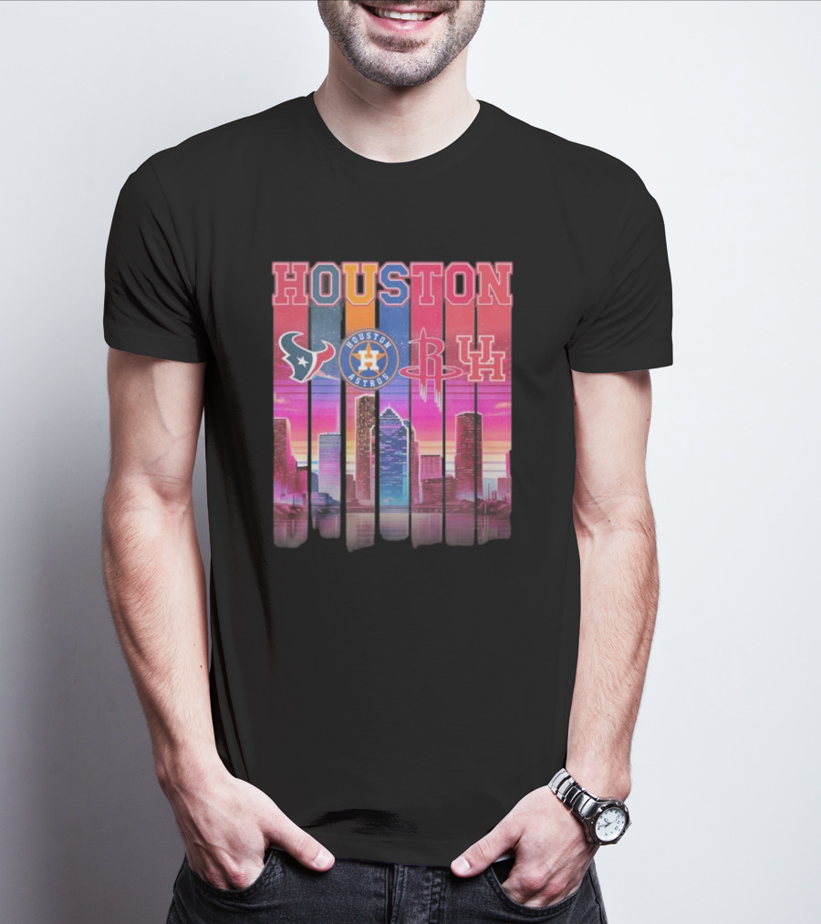 Houston Retro Skyline Texans Astros Rockets And Cougars T-Shirt