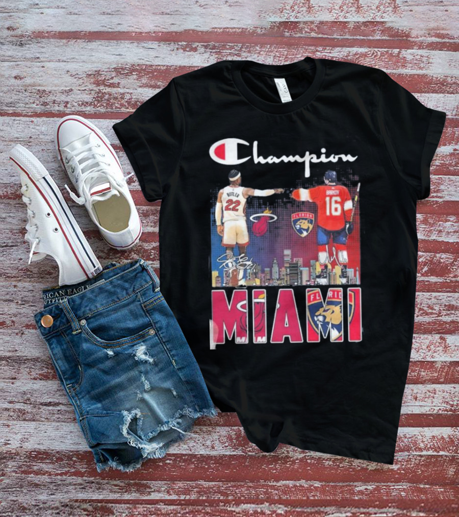 Champion Miami Skyline Signatures 22 Jimmy Butler 16 Aleksander Barkov Sports T-Shirt