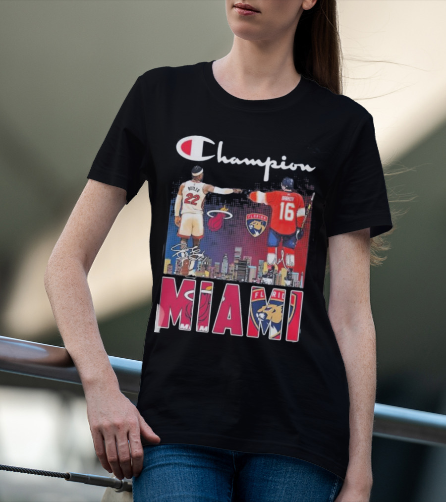 Champion Miami Skyline Signatures 22 Jimmy Butler 16 Aleksander Barkov Sports T-Shirt