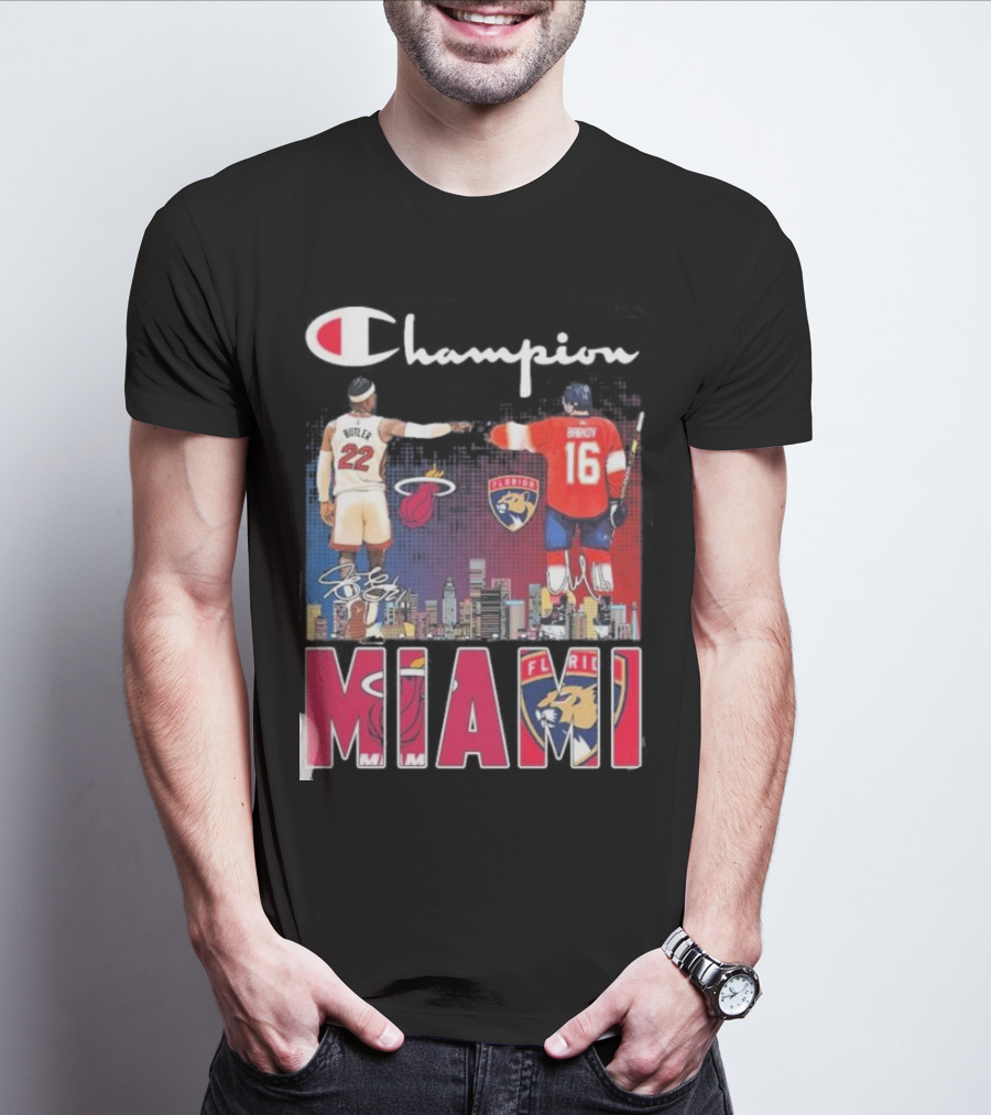 Champion Miami Skyline Signatures 22 Jimmy Butler 16 Aleksander Barkov Sports T-Shirt