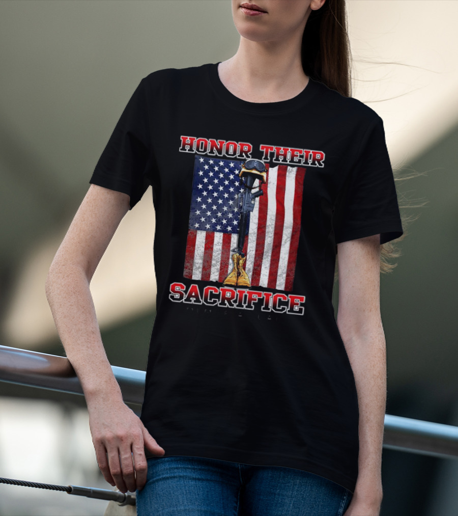 Honor Their Sacrifice Memorial Day American Flag Soldier Helmet Boot Rifle T-Shirt
