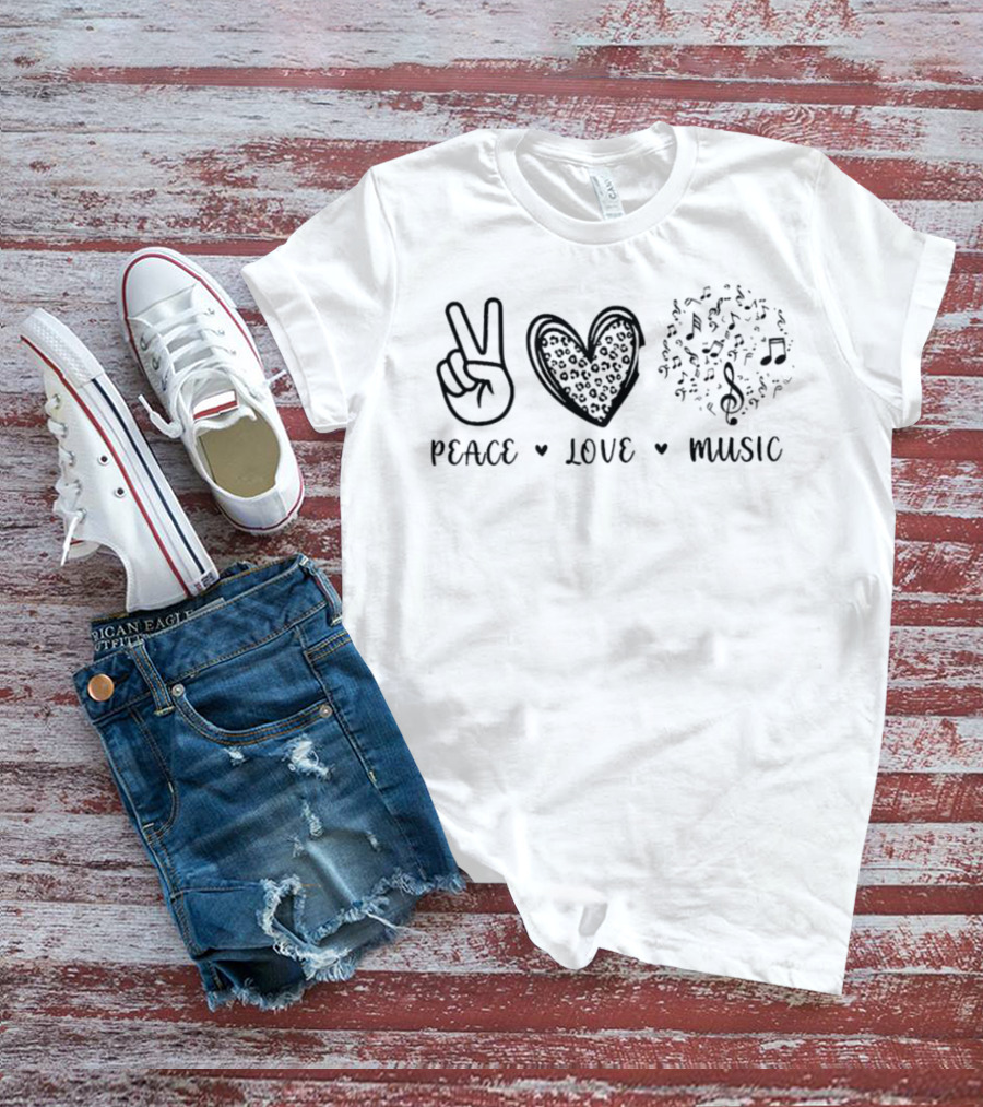 Peace Love Music Leopard Heart Musical Notes T-Shirt