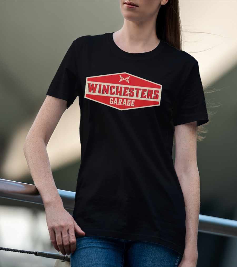 Winchester's Garage Red Hexagonal Shield With Crossed Wrenches T-Shirt