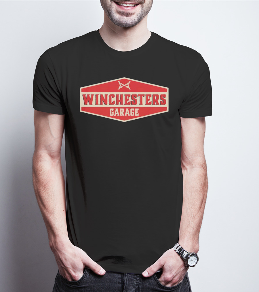 Winchester's Garage Red Hexagonal Shield With Crossed Wrenches T-Shirt