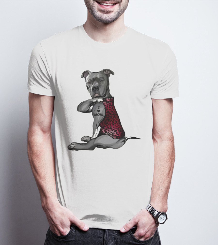 I Love Mom Dog Tattoo Red Leopard Print T-Shirt