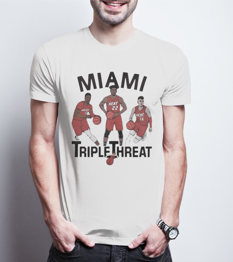 Miami Heat Bam Adebayo Jimmy Butler Tyler Herro Triple Threat T-Shirt