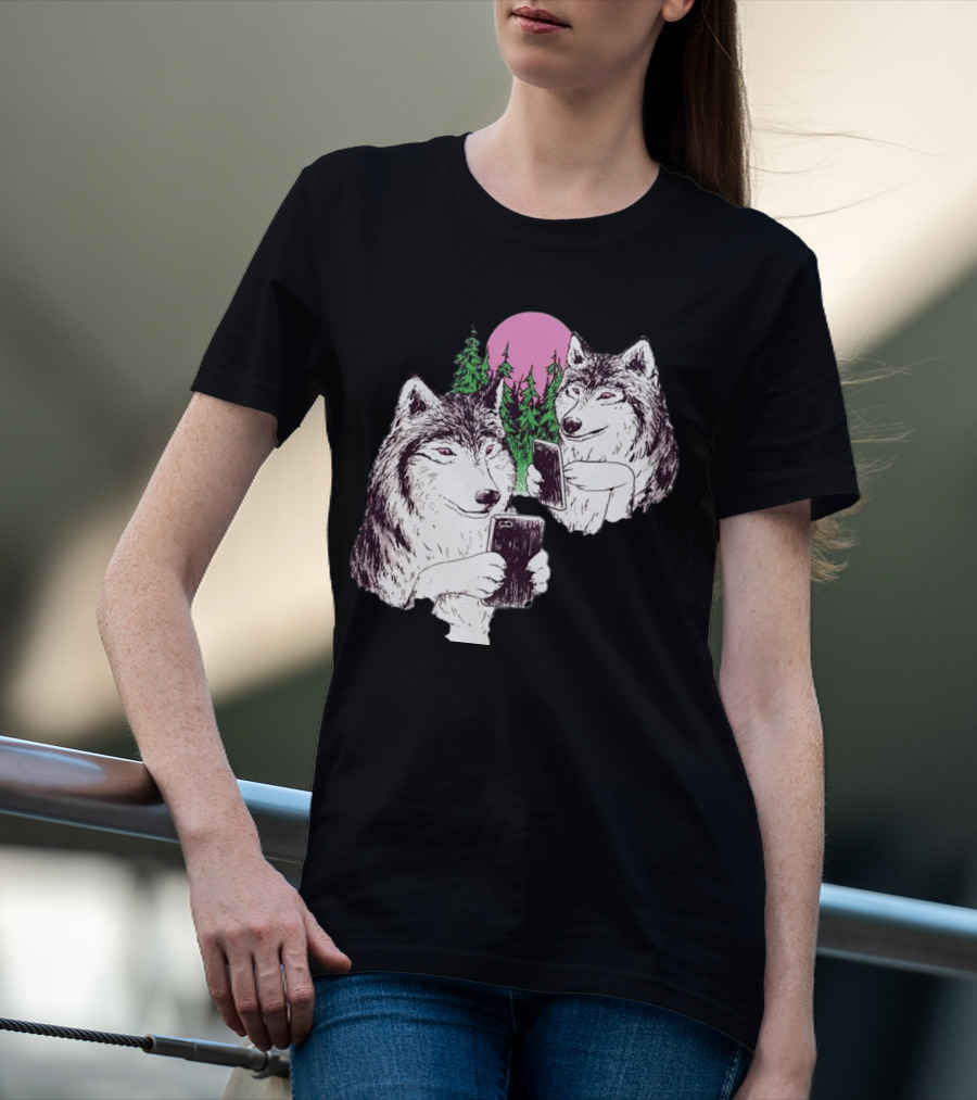 There Are Two Wolves Inside You Both On Smartphones Against A Pink Moon And Pine Trees T-Shirt