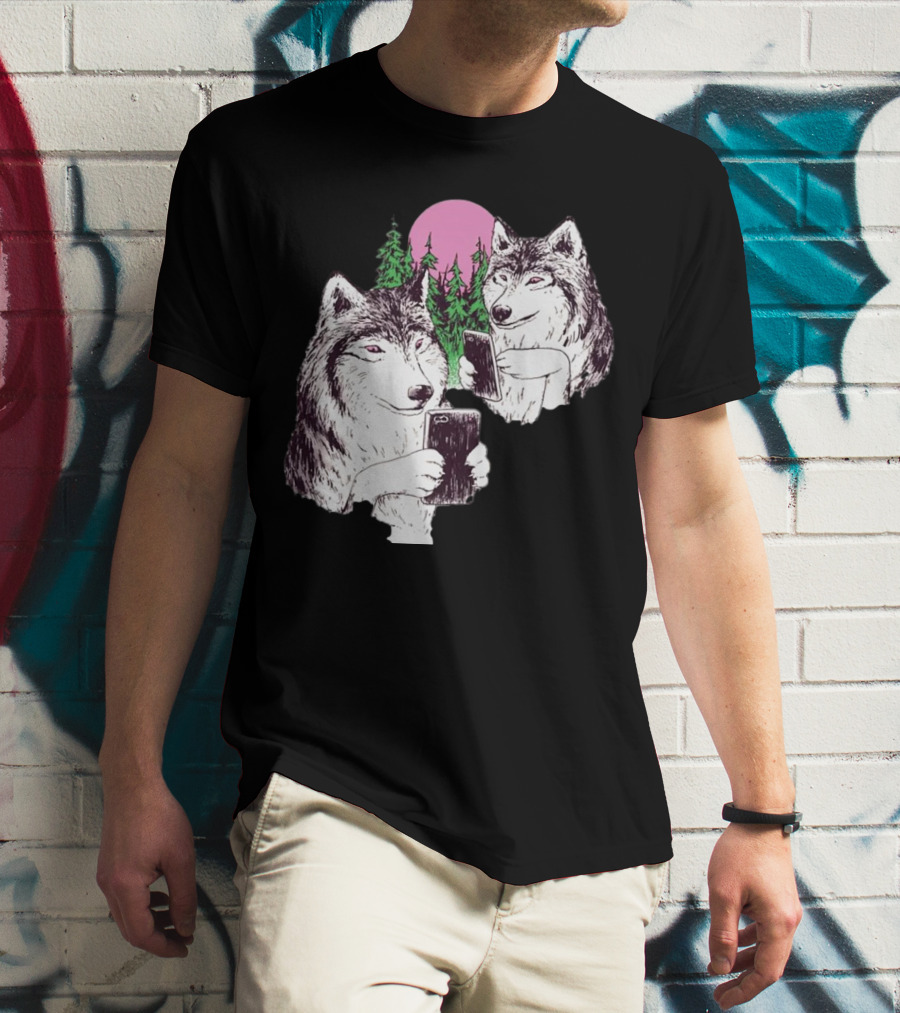 There Are Two Wolves Inside You Both On Smartphones Against A Pink Moon And Pine Trees T-Shirt