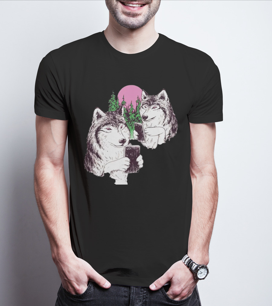 There Are Two Wolves Inside You Both On Smartphones Against A Pink Moon And Pine Trees T-Shirt