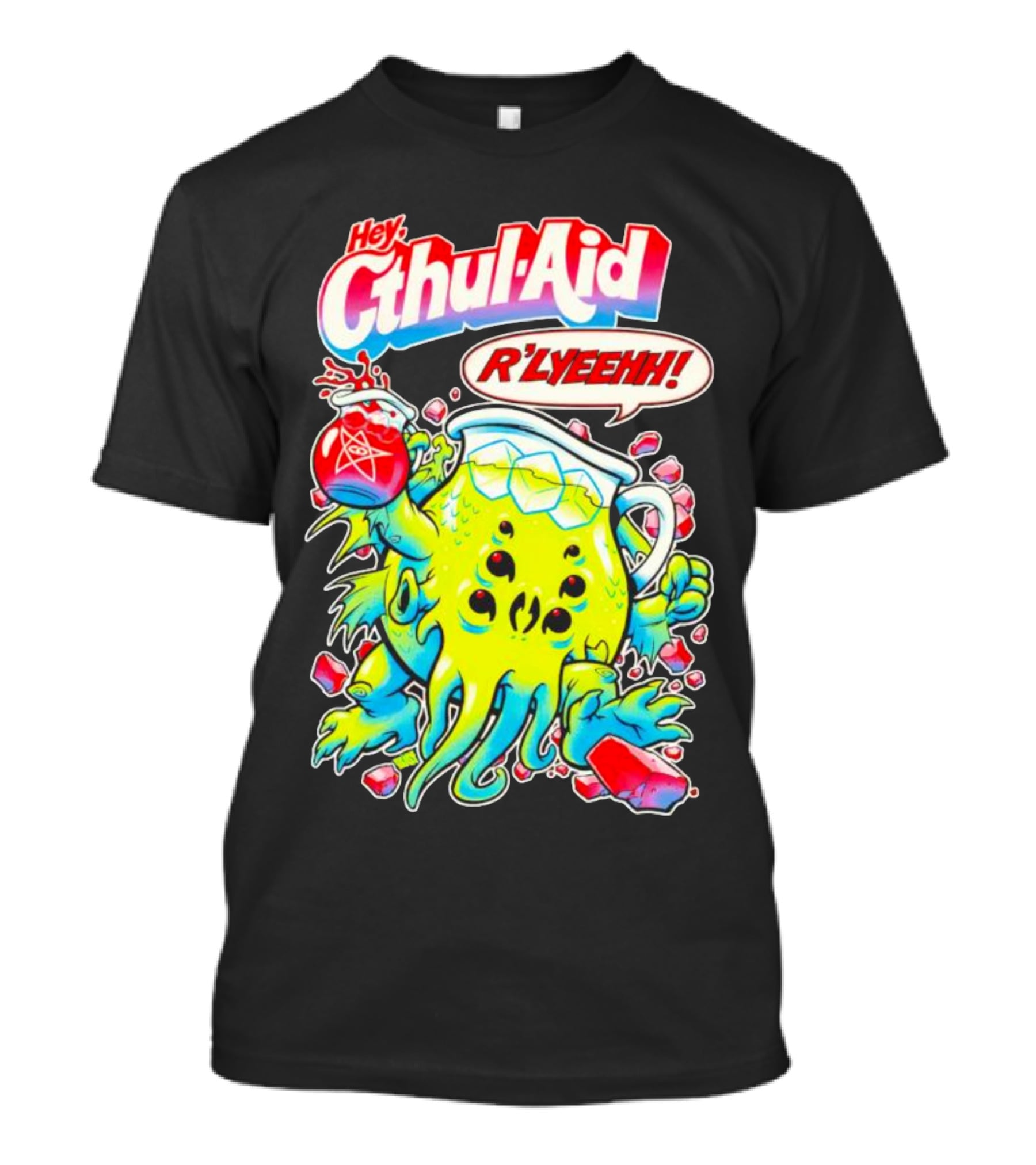 Hey Cthul-Aid R'lyeehh Monster Holding Pentagram Drink With Tentacles T-Shirt