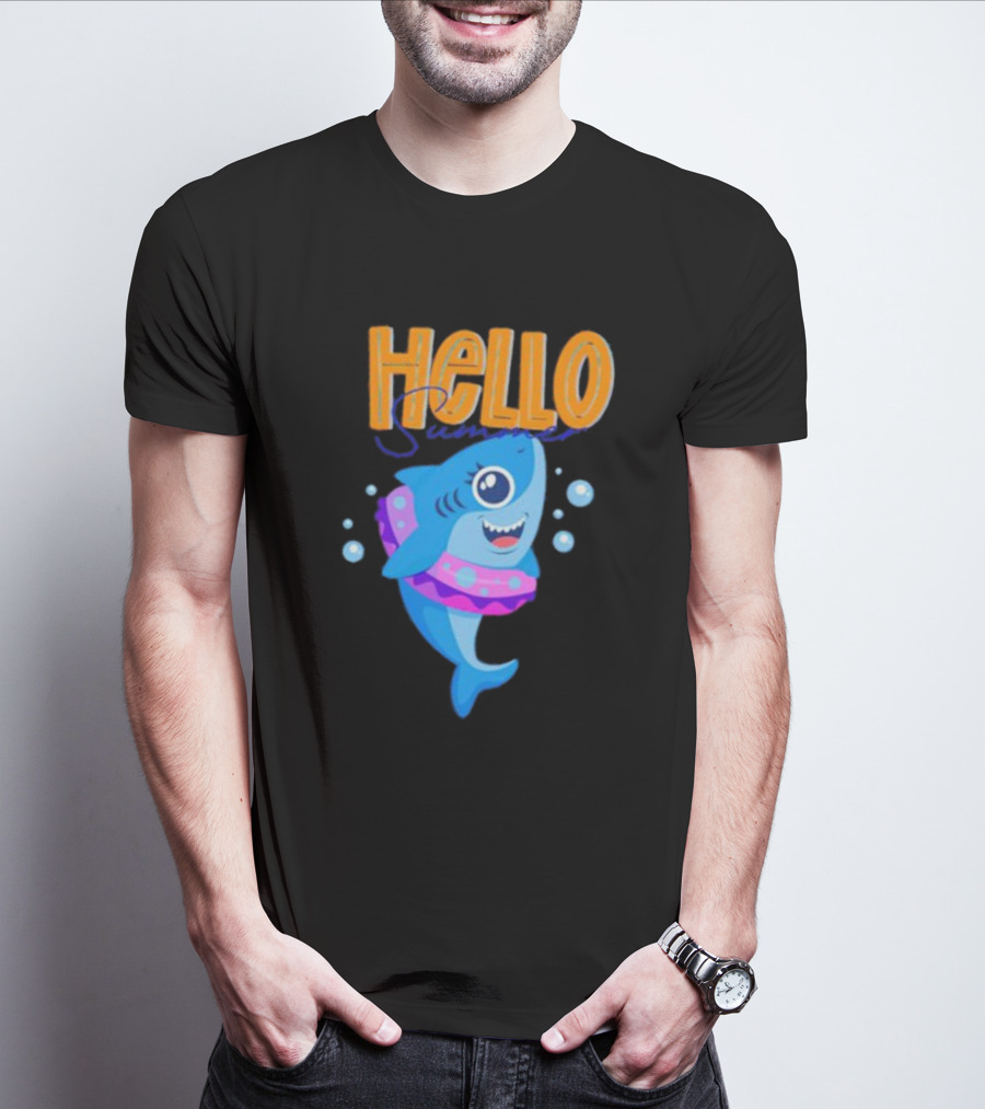 Hello Summer Shark With Swim Ring And Bubbles T-Shirt