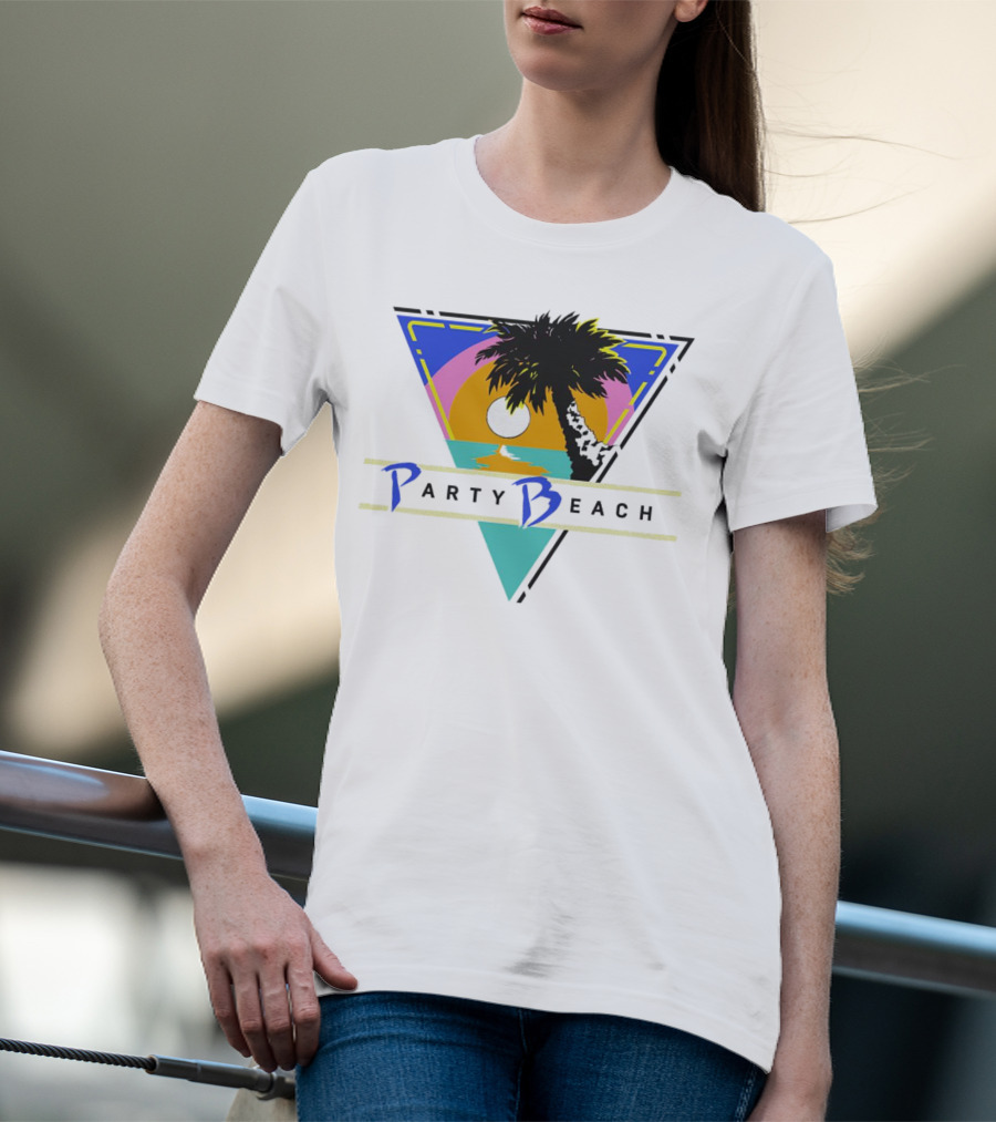 Party Beach Sunset Palm Tree Retro Triangle T-Shirt