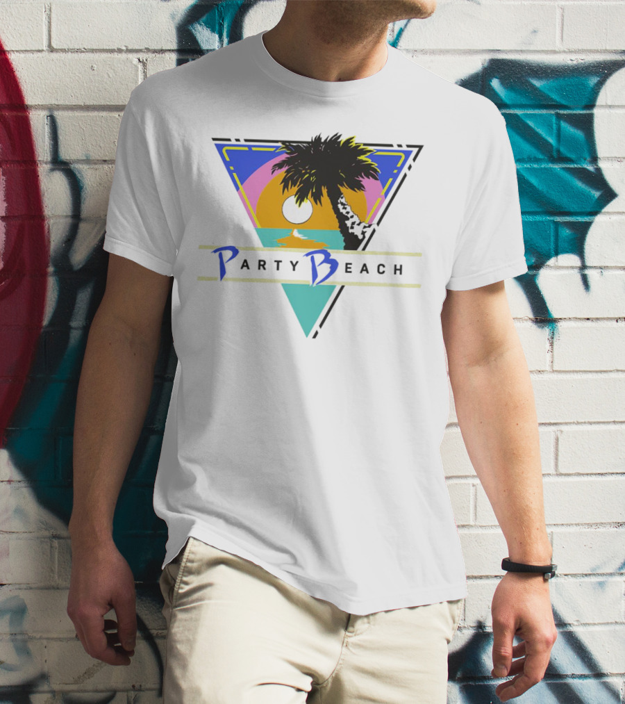 Party Beach Sunset Palm Tree Retro Triangle T-Shirt