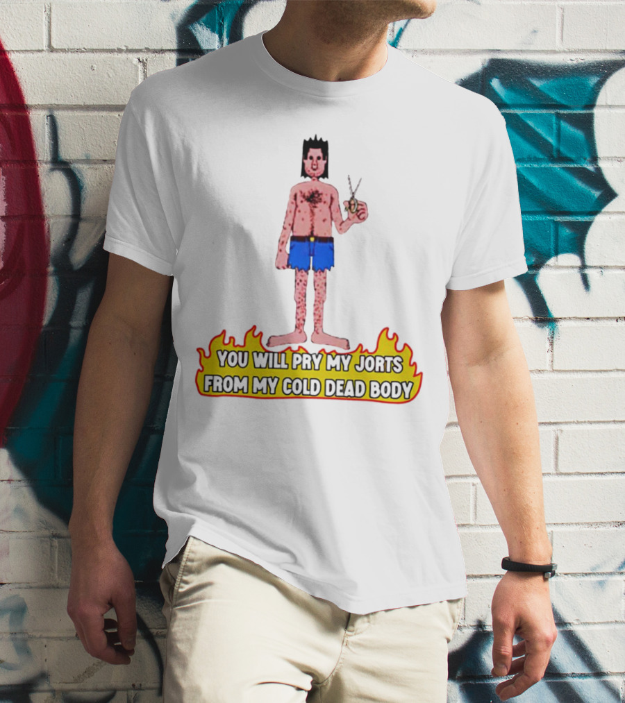 You Will Pry My Jorts From My Cold Dead Body Cartoon Character Holding Scissors In Flames T-Shirt