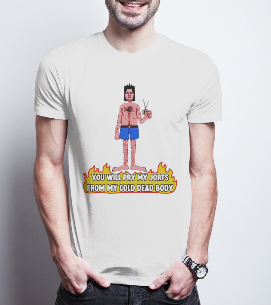 You Will Pry My Jorts From My Cold Dead Body Cartoon Character Holding Scissors In Flames T-Shirt