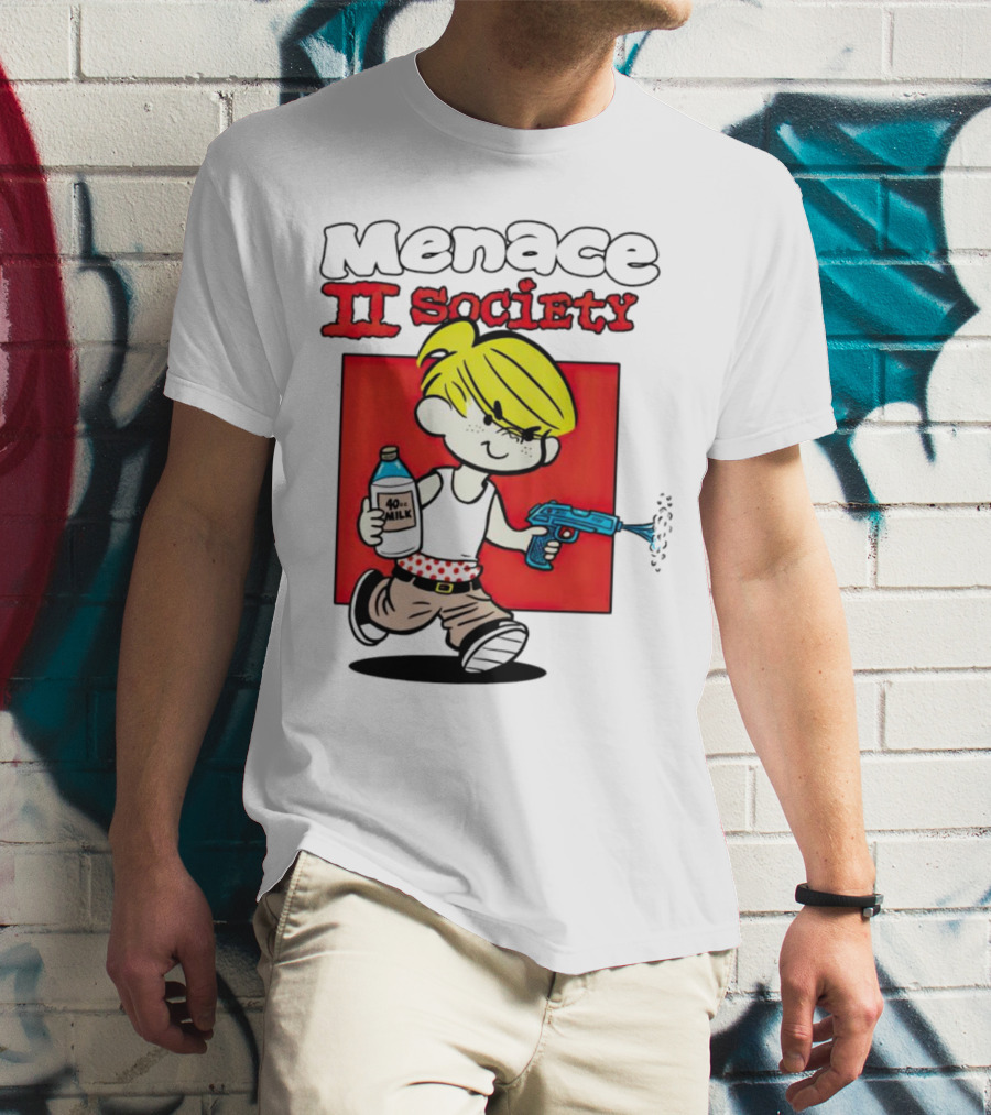 Menace II Society Cartoon Character With Squirt Gun And Milk T-Shirt