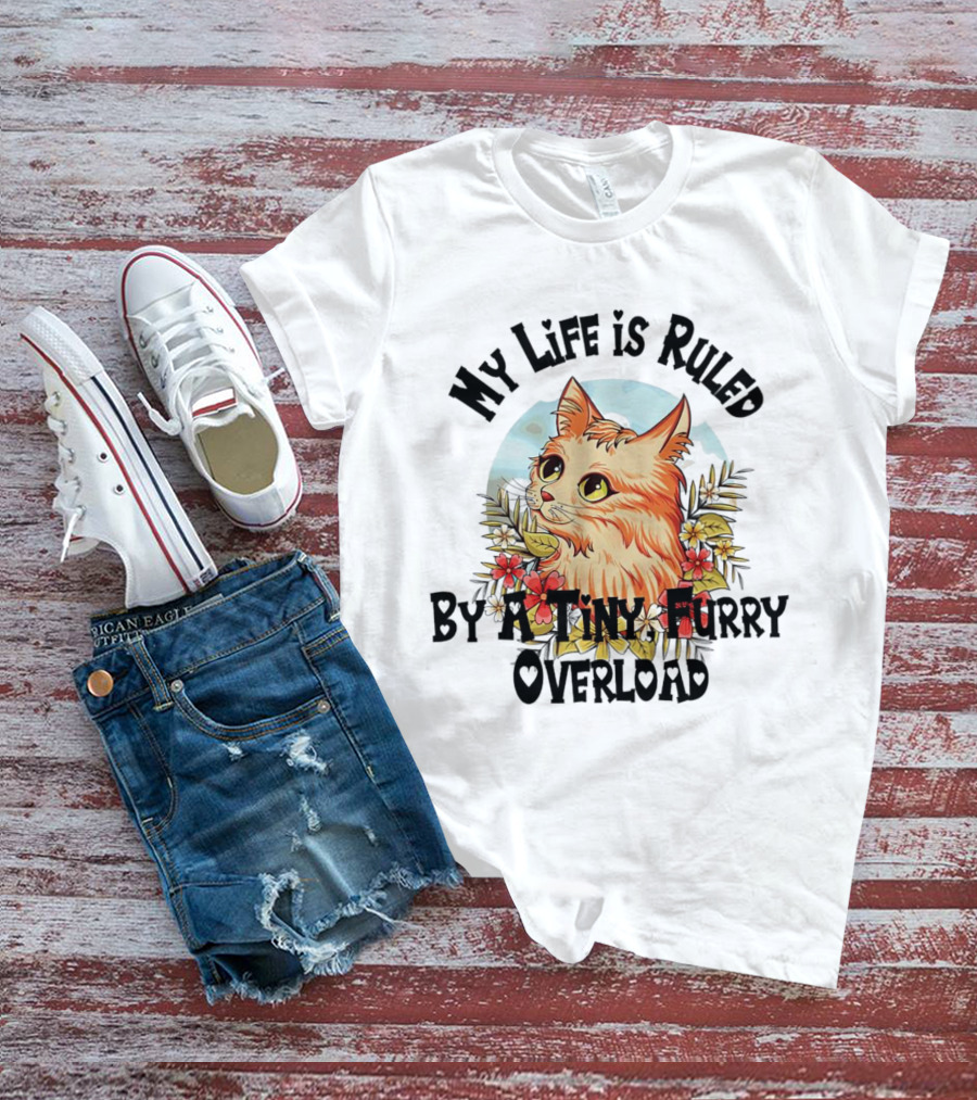My Life Is Ruled By A Tiny Furry Overload Cat With Flowers And Moon Background T-Shirt