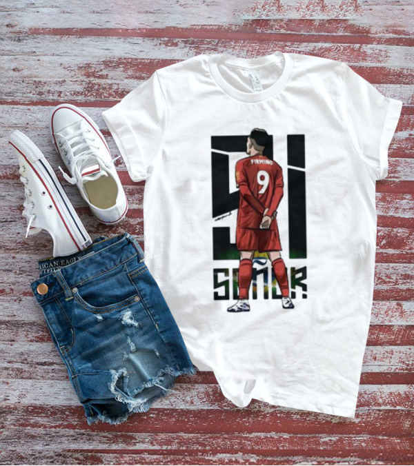 Roberto Firmino Si Señor 9 Football Player In Red Kit With Brazil Flag Background T-Shirt